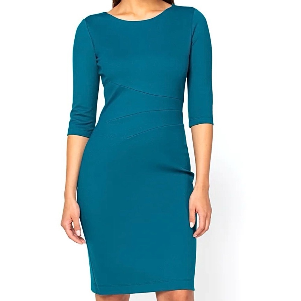 Nora Gardner Lydia Sheath Dress 10 Teal Stretch Ponte Fitted 3/4 Sleeve Classic